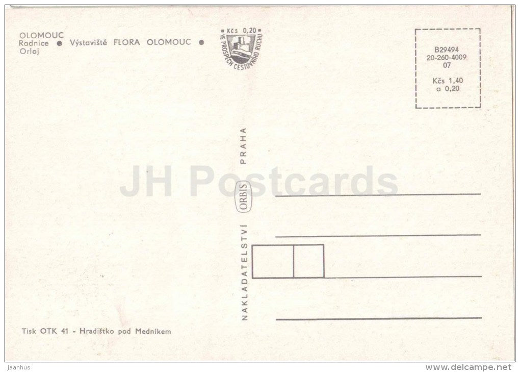 Olomouc - Flora - town hall - exhibition grounds - Astronomical Clock - Czechoslovakia - Czech - unused - JH Postcards