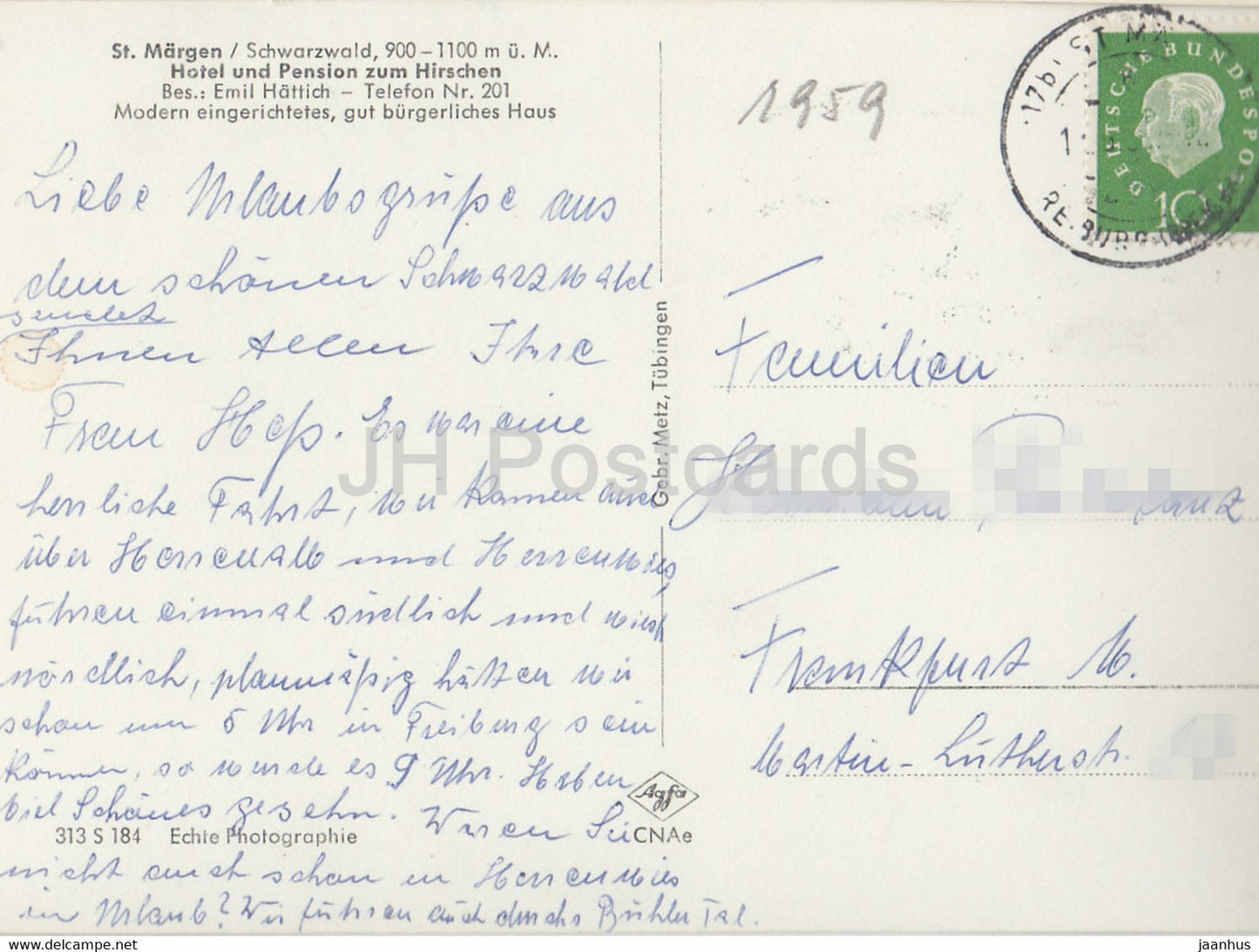 St Margen - Schwarzwald - Hotel und Pension zum Hirschen - Emil Hattich - 1959 - Germany - used