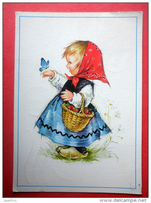 illustration - strawberries - girl - butterfly - Finland - sent from Finland Turku to Estonia USSR 1981 - JH Postcards