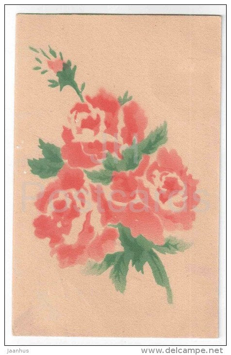 Greeting Card - Red Peony - flowers - old postcard - circulated in Estonia - JH Postcards