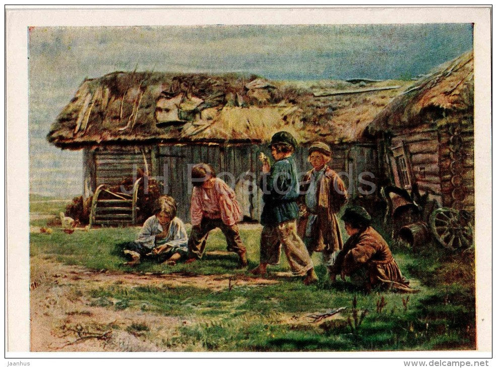painting by K. Makovsky - Children playing Knucklebones - russian art - unused - JH Postcards