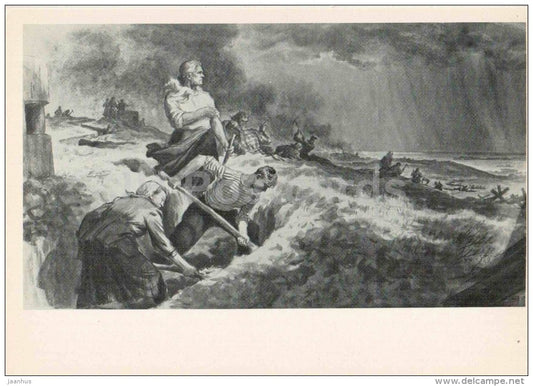 enemy is approaching - digging trenches - illustration by Baranov - Sevastopol - 1982 - Ukraine USSR - unused - JH Postcards