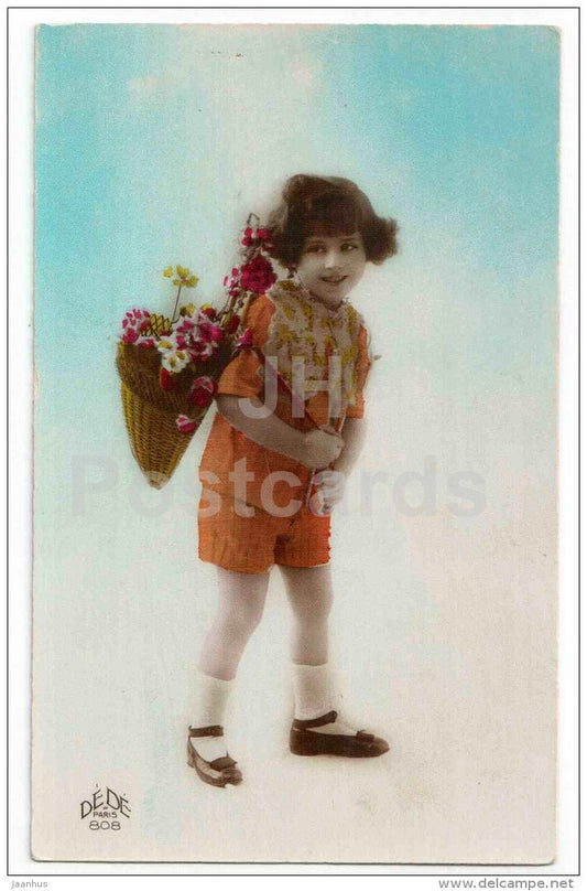 girl with flower basket - children - DEDE Paris 808 - circulated in Estonia 1928 - JH Postcards