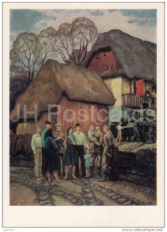 painting by P. Balla - Meeting in Goryana , 1974 - soldiers - tank - Ukrainian art - Russia USSR - 1977 - unused - JH Postcards
