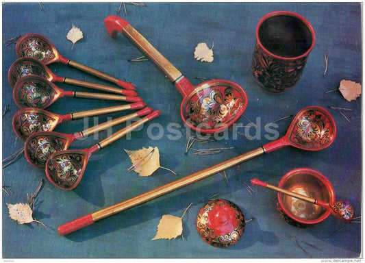 Pieces from Fish-Soup set - spoons - Semyonovskaya khokhloma - russian handicraft - 1981 - Russia USSR - unused - JH Postcards