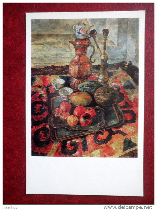 painting by V. Rozhsdestvensky , Still Life , Asian Tea , 1926 - water melon - pomegranate - russian art  - unused - JH Postcards