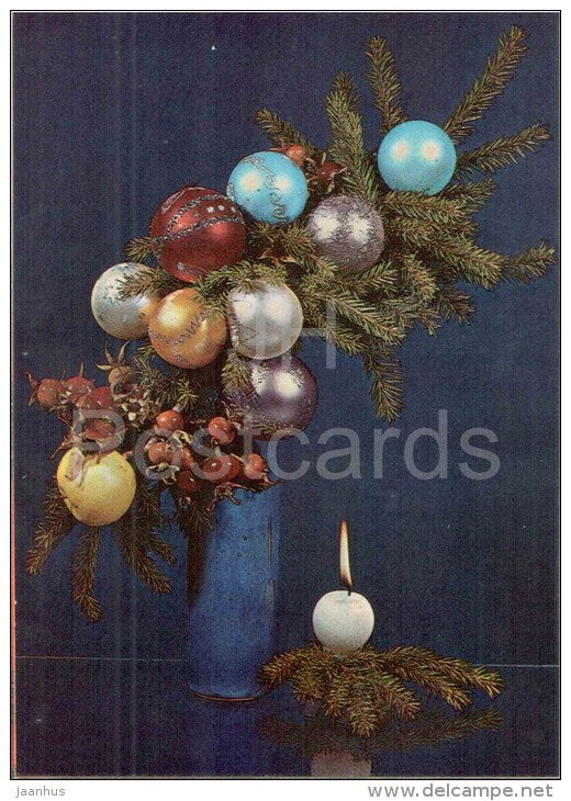 New Year Greeting card - 1 - candle - decorations - 1982 - Estonia USSR - unused - JH Postcards