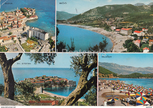 Budva - Becici - Sv. Stefan - Milocer - multiview - Montenegro - Yugoslavia - used - JH Postcards