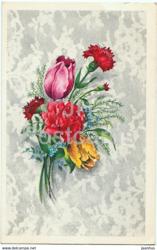 flowers - tulips - carnation - illustration - CHARME 420 - old postcard - France - used - JH Postcards