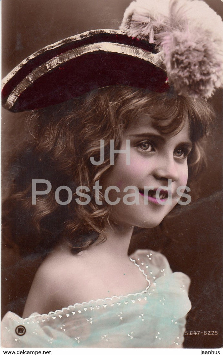 girl - hat - fancy card - 647 6225 - old postcard - used - JH Postcards
