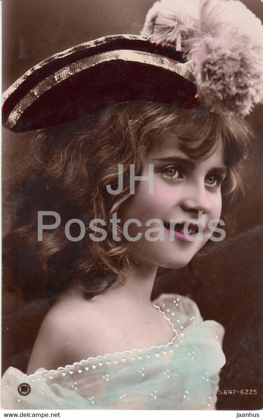girl - hat - fancy card - 647 6225 - old postcard - used - JH Postcards