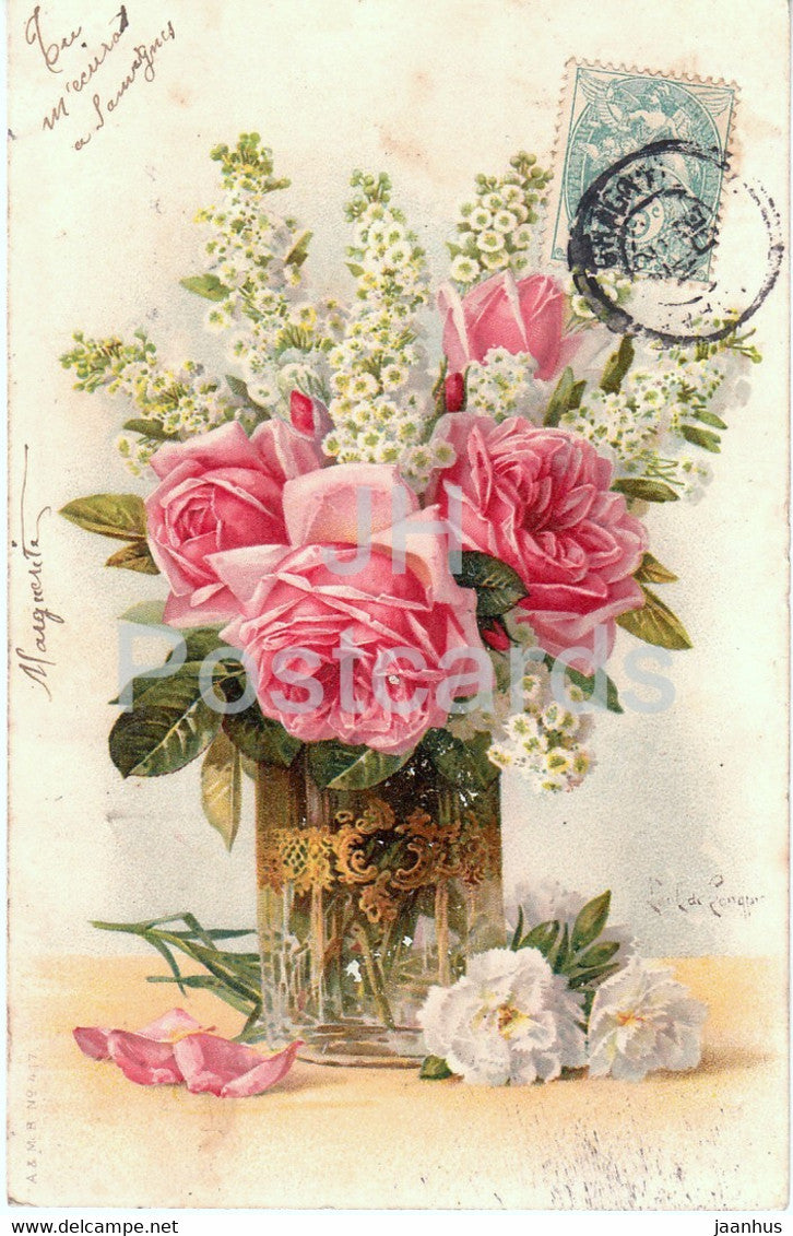 flowers in a vase - roses - A & M B No 417 - illustration - old postcard - 1906 - France - used - JH Postcards