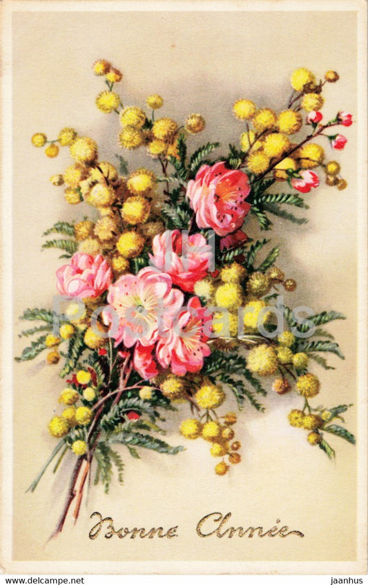 Birthday Greeting Card - Bonne Annee - flowers - 6641 - illustration - old postcard - 1956 - France - used - JH Postcards