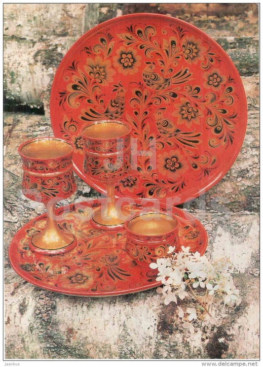 Bread serving Dish , Tray , Goblets - Semyonovskaya khokhloma - russian handicraft - 1981 - Russia USSR - unused - JH Postcards