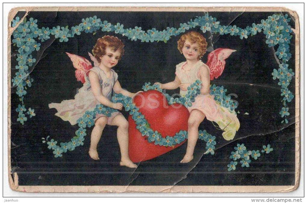Greeting Card - angels - heart - flowers - old postcard - circulated in Estonia - JH Postcards