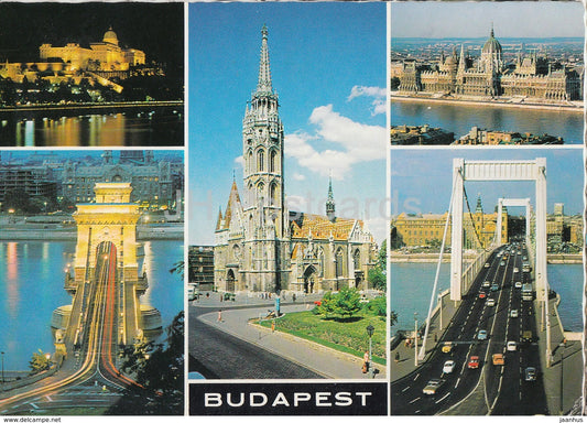 Budapest - architecture - parliament - bridge - cathedral - castle hill - multiview - 1978 - Hungary - used - JH Postcards