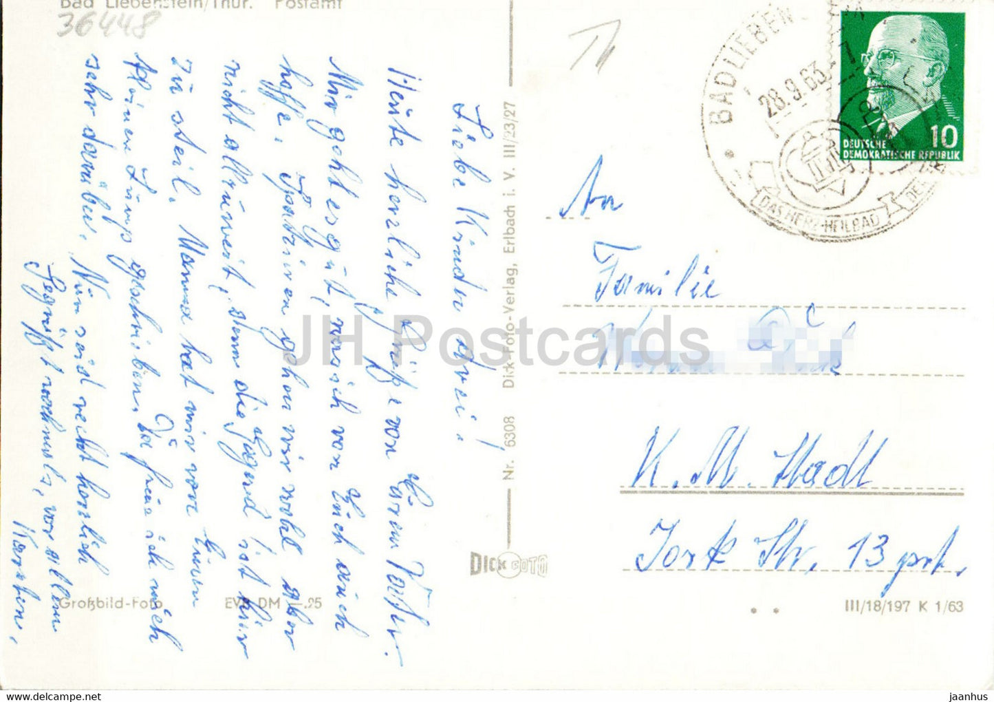 Bad Liebenstein - Postamt - post office - car - old postcard - 1963 - Germany DDR - used