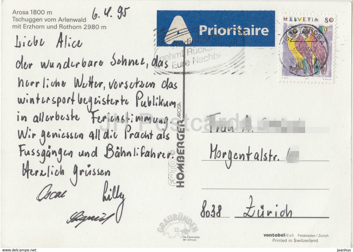 Arlenwald Arosa - Tschuggen vom Arlenwald mit Erzhorn und Rothorn 2980 m - 1995 - Suisse - utilisé