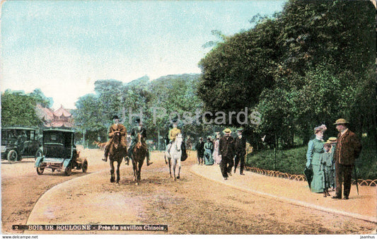 Paris - Bois de Boulogne - Pres du pavillon Chinois - old car - horse - 2 - old postcard - 1911 - France - used - JH Postcards