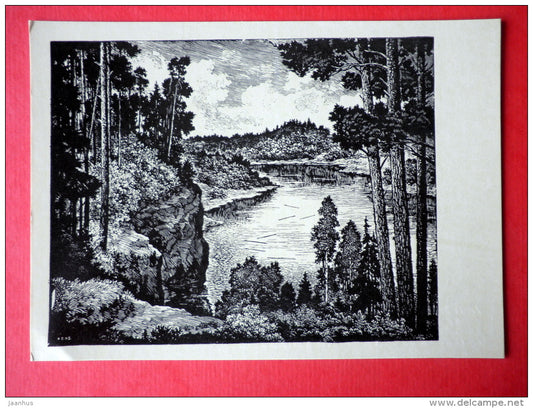 engraving by Arturs Duburs - The Gauja - latvian art - unused - JH Postcards