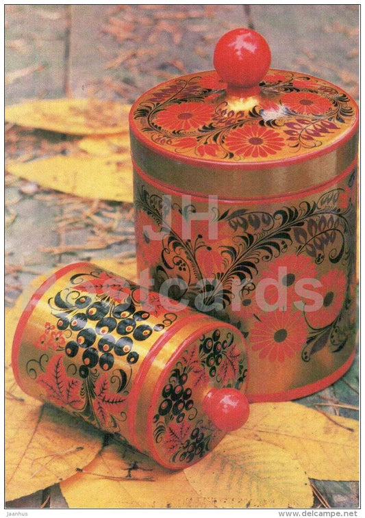 Daisy and Redcurrant set of Canisters - Semyonovskaya khokhloma - russian handicraft - 1981 - Russia USSR - unused - JH Postcards
