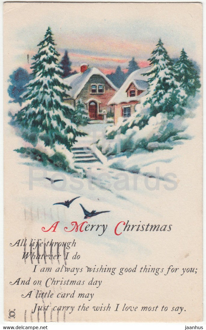 Christmas Greeting Card - A Merry Christmas - winter - house - JP NY  - old postcard - 1926 - USA - used - JH Postcards