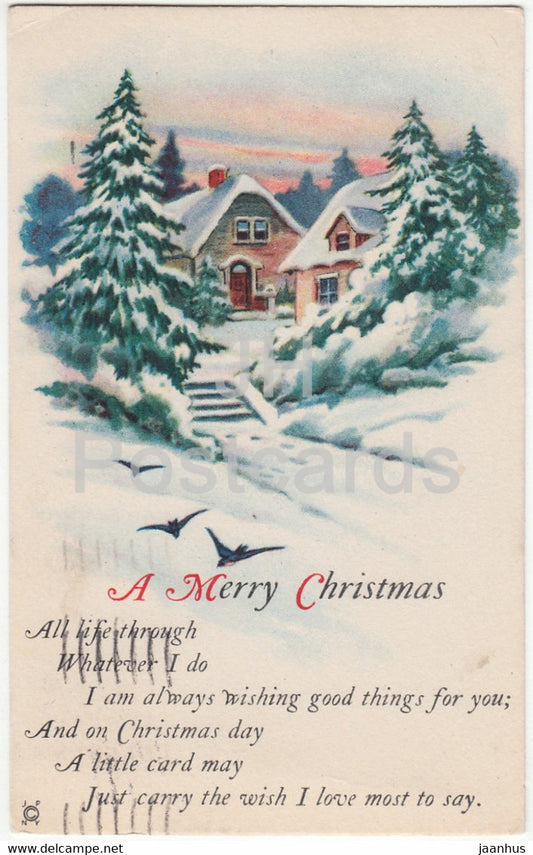 Christmas Greeting Card - A Merry Christmas - winter - house - JP NY  - old postcard - 1926 - USA - used - JH Postcards
