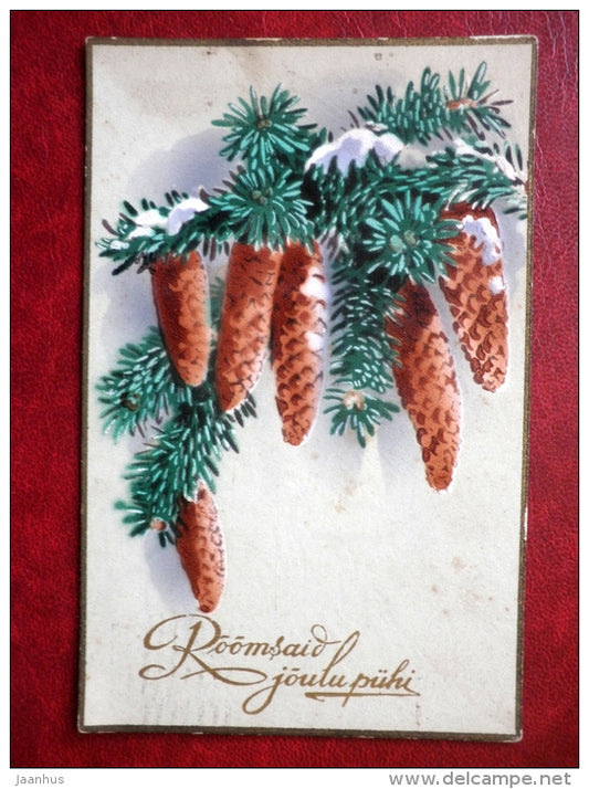 Christmas Greeting Card - spruce cones - circulated in 1934 - Estonia - used - JH Postcards