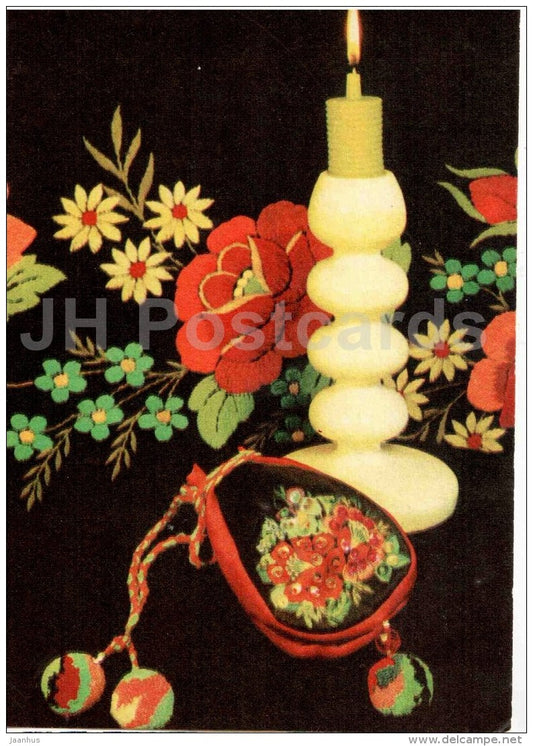 New Year greeting Card - candle - handicraft - embroidery - 1969 - Estonia USSR - used - JH Postcards