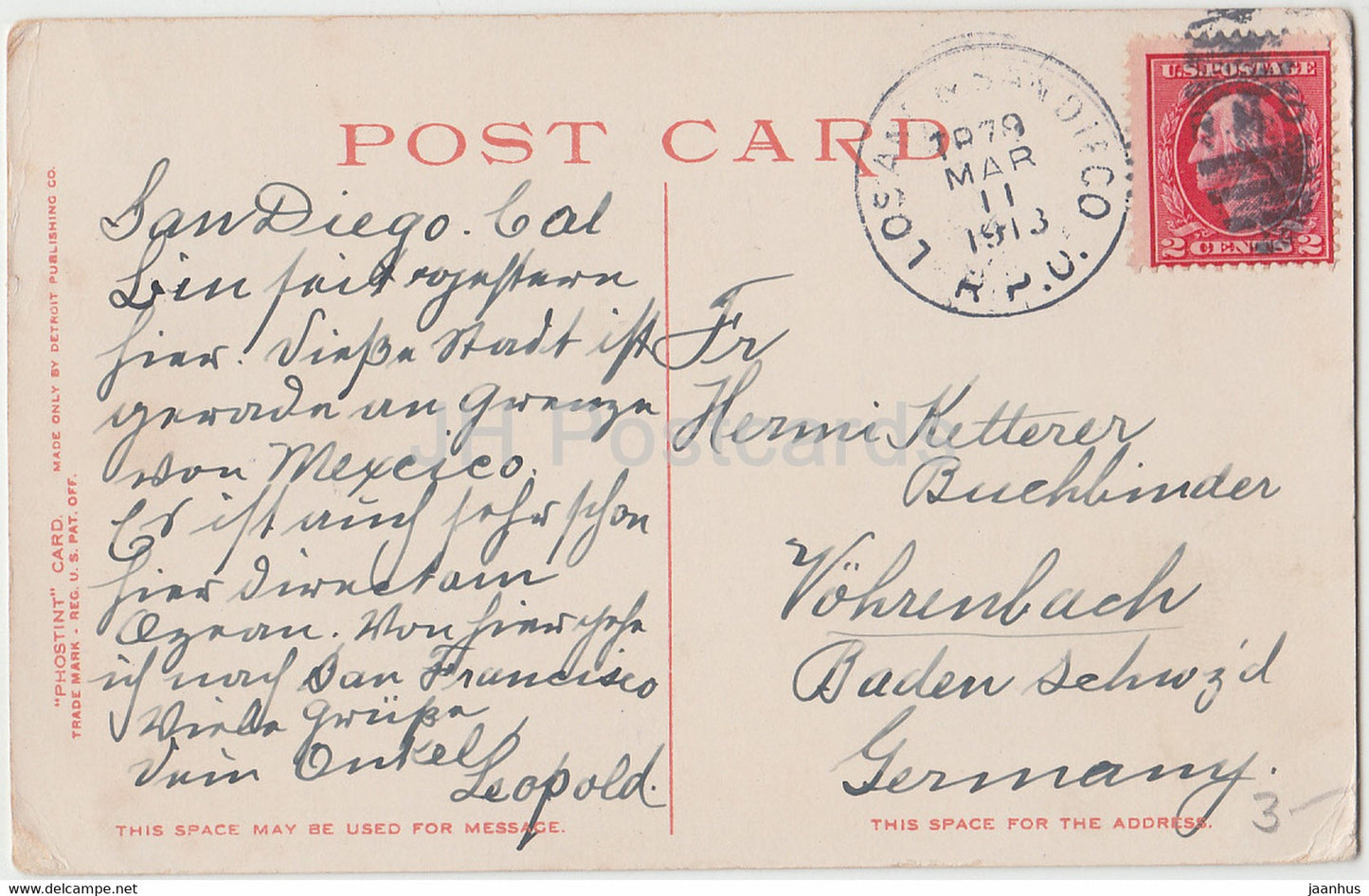 San Diego - Mission Heights Pavilion - Californie - 12785 - carte postale ancienne - 1913 - États-Unis USA - utilisé