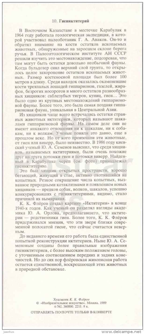 hyaenictitherium orlovi - skull - illustration by Flerov - paleontology - 1989 - Russia USSR - unused - JH Postcards