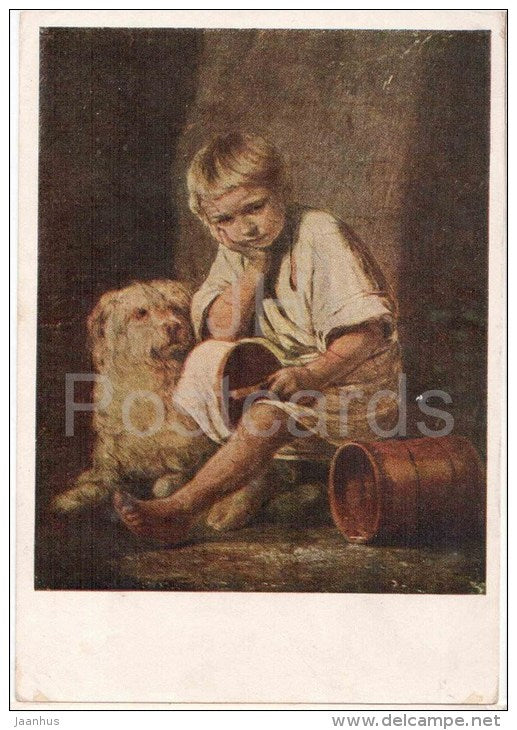 painting by A. Venetsianov - Sad Boy - dog - russian art  - unused - JH Postcards