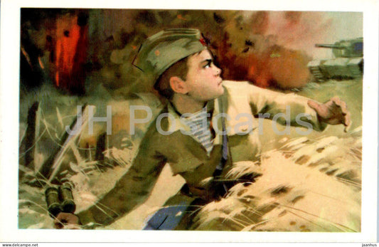 Pioneers Heroes - Valery Volkov - boy - military - illustration by I. Suschenko - 1971 - Russia USSR - unused - JH Postcards