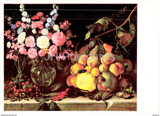 painting by Caravaggio - Stilleben mit Blumen und Fruchten - Fruits - Flowers - 1 - Italian art - Germany - unused - JH Postcards