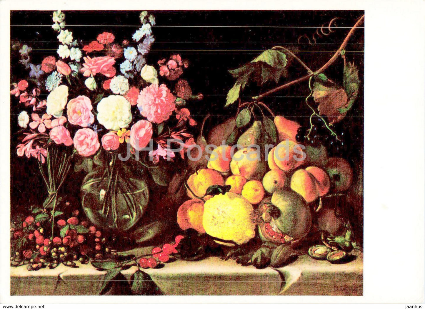 painting by Caravaggio - Stilleben mit Blumen und Fruchten - Fruits - Flowers - 1 - Italian art - Germany - unused - JH Postcards