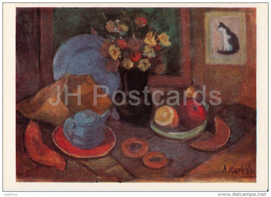 painting by A. Karvovsky - Still Life with Cat , 1974 - barankas - fruits - Russian art - Russia USSR - 1980 - unused - JH Postcards