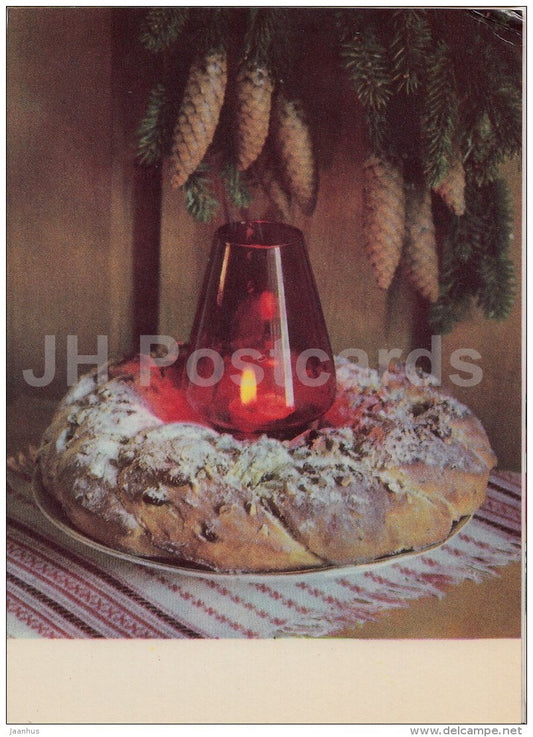 New Year Greeting Card - candle - pretzel - fir cones - 1970 - Estonia USSR - used - JH Postcards