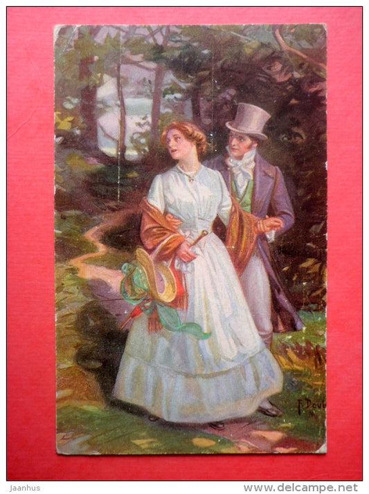 illustration by F. Doubek . Zwei Herzen und ein Schlag -Liebeswerben - signed - man and woman - 451 - czech art - used - JH Postcards