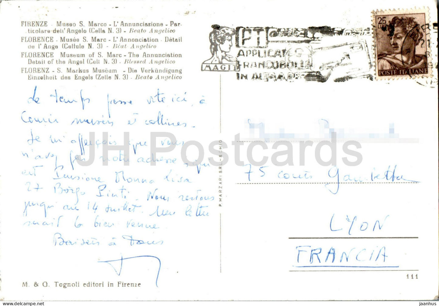 Firenze - Musei S Marco - painting by Vicchio di Mugello - The Annunciation  - Detail of an Angel - 111 - Italy - used