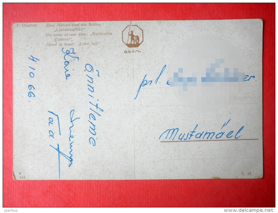 illustration by F. Doubek . Zwei Herzen und ein Schlag -Liebeswerben - signed - man and woman - 451 - czech art - used - JH Postcards