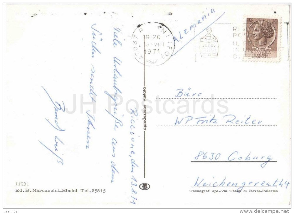 beach - Riccione - Emilia-Romagna - 11931 - Italia - Italy - sent from Italy Rimini to Germany 1971 - JH Postcards