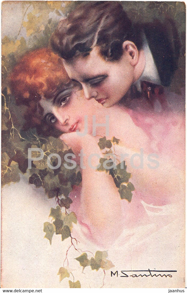 couple - woman and man - illustration by A. M. Santino - 148-4 - old postcard - Italy - used - JH Postcards