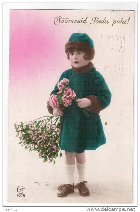 christmas greeting card - girl with flowers - CEKO 1078 - old postcard - circulated in Estonia 1921 , Tallinn - used - JH Postcards