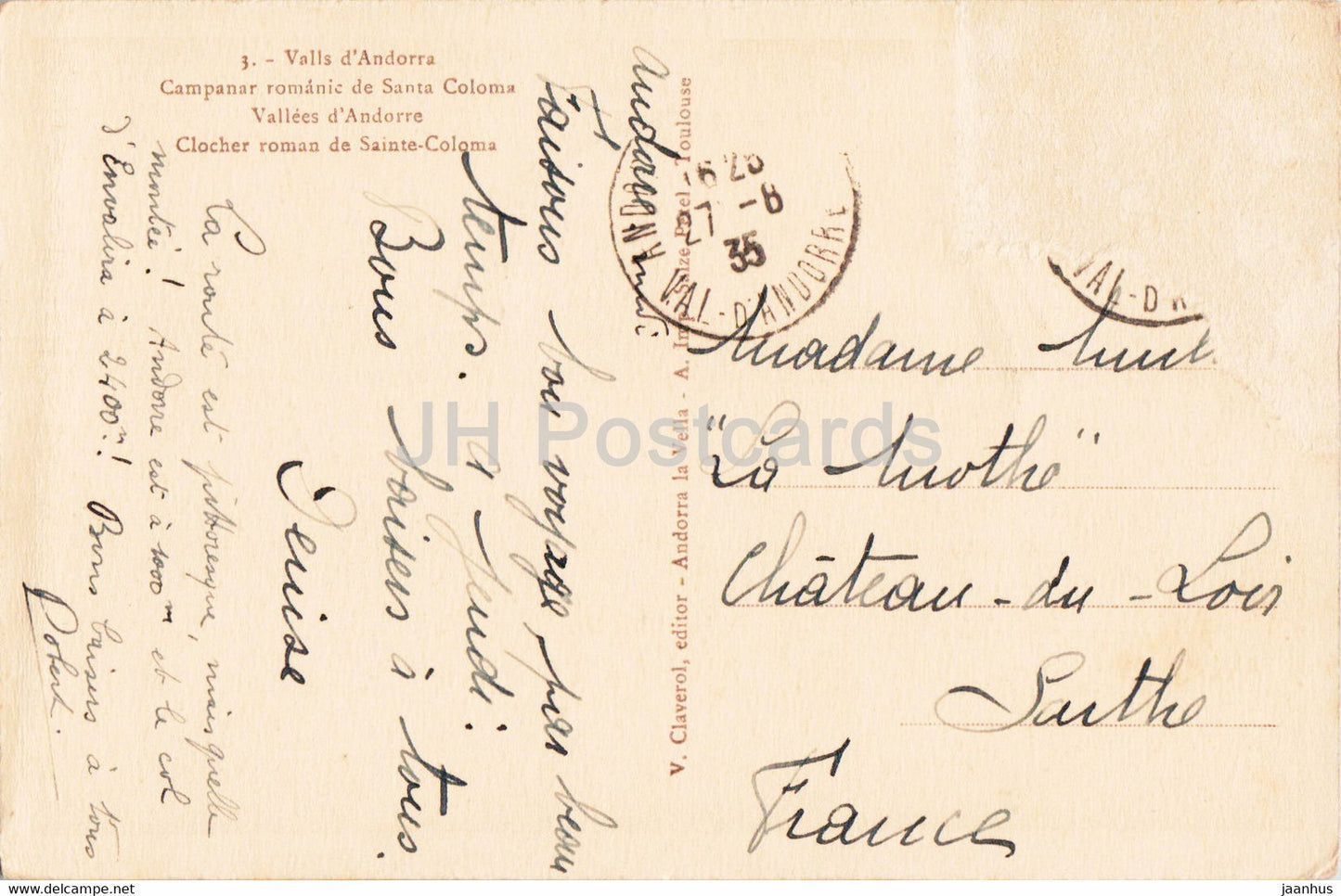 Valls d'Andorra - Campanar romanic de Santa Coloma - Vallees d'Andorre - old postcard - 1935 - Andorra - used