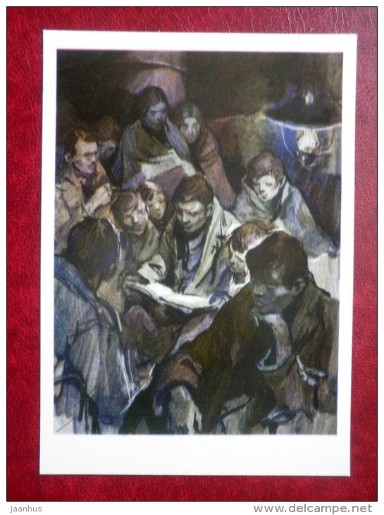 painting by I. Ushakov - reading evening - Pedagogical Poem by I. Makarenko - book - Russia USSR - 1977 - unused - JH Postcards