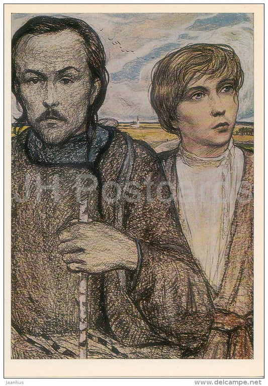 illustration by I. Glazunov - The Sealed Angel by N. Leskov - young men - Russia USSR - 1985 - unused - JH Postcards