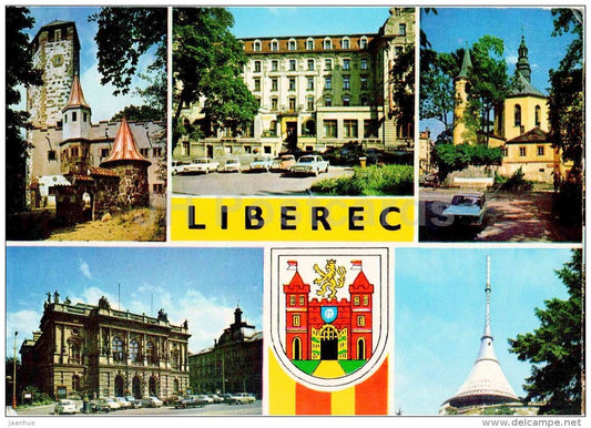Liberec heights - hotel Golden Lion - castle - Šaldy theatre - Liberec - Czechoslovakia - Czech - used 1976 - JH Postcards