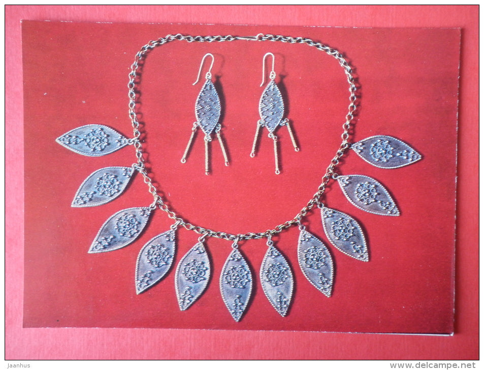 Necklace and ear-rings , silver , by M. Kutateladze - Georgian Chasing - 1974 - USSR Georgia - unused - JH Postcards