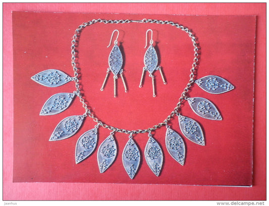 Necklace and ear-rings , silver , by M. Kutateladze - Georgian Chasing - 1974 - USSR Georgia - unused - JH Postcards