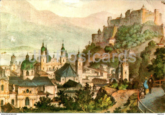 Salzburg vom Monchsberg - Litographie von L. Rottmann - 10/39 - Austria - used - JH Postcards